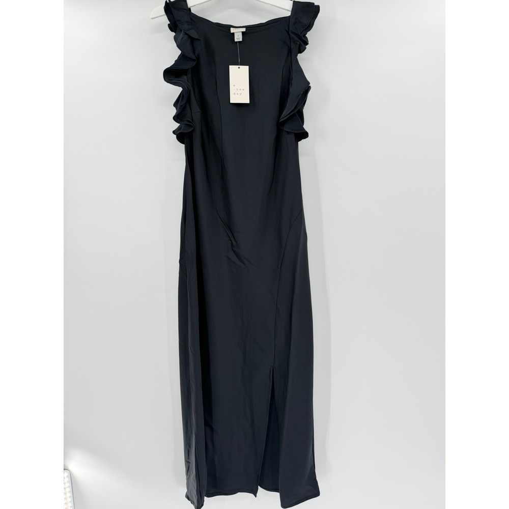 A New Day Ruffle Sleeve Satin Maxi Dress‎ Modern Women Size S Black Solid New